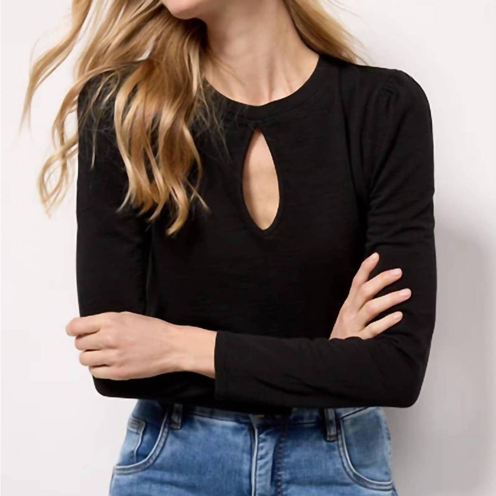 Nation LTD Dania Top M Black Pima Cotton Keyhole Long Sleeve Luxury Tee